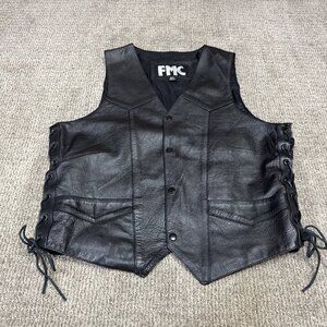 FMC Leather Vest Black Snap Button Sleeveless Women’s Size 44